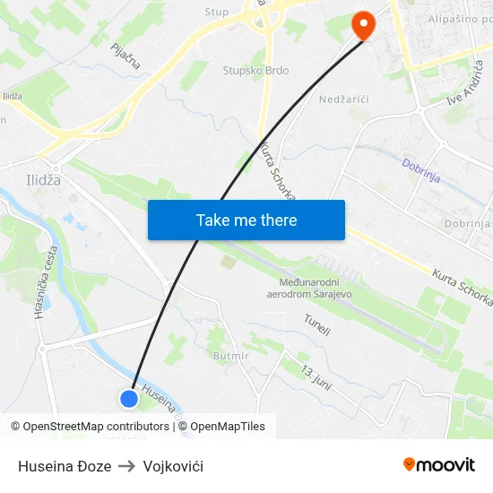 Huseina Đoze to Vojkovići map