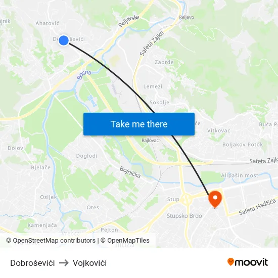 Dobroševići to Vojkovići map