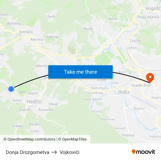 Donja Drozgometva to Vojkovići map