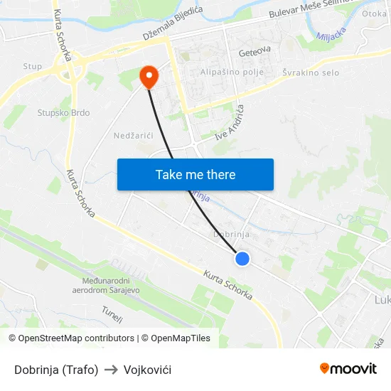 Dobrinja (Trafo) to Vojkovići map