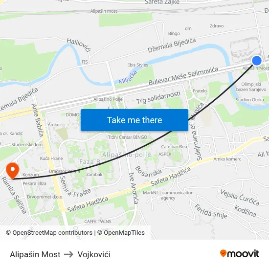 Alipašin Most to Vojkovići map