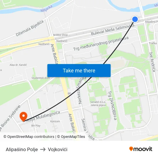 Alipašino Polje to Vojkovići map