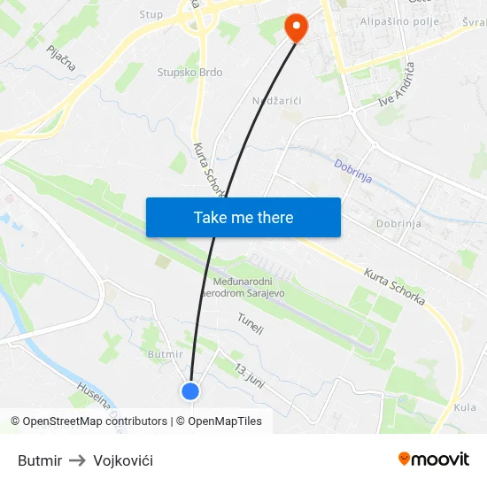 Butmir to Vojkovići map