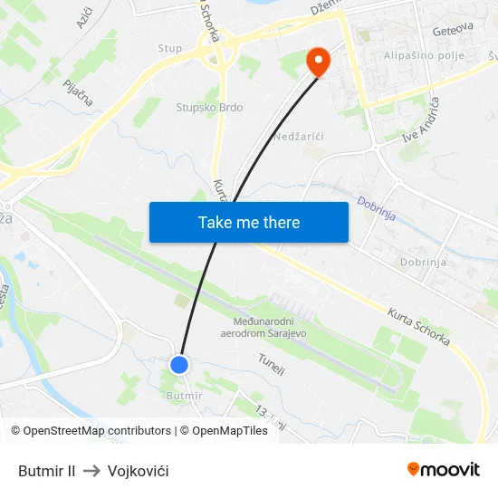 Butmir II to Vojkovići map