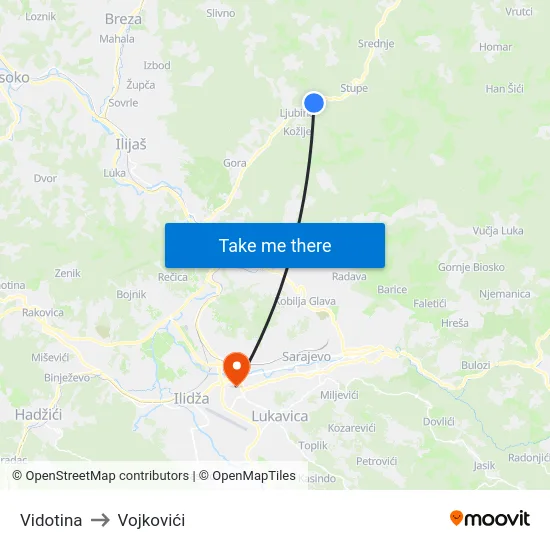 Vidotina to Vojkovići map