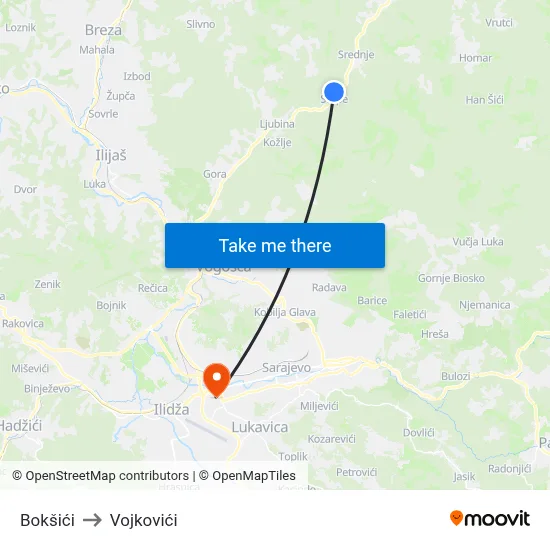 Bokšići to Vojkovići map