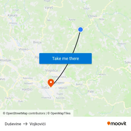 Duševine to Vojkovići map