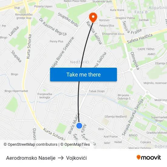 Aerodromsko Naselje to Vojkovići map