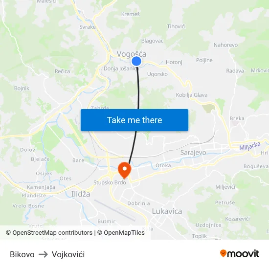 Bikovo to Vojkovići map