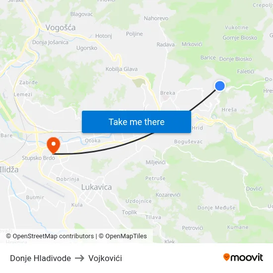 Donje Hladivode to Vojkovići map
