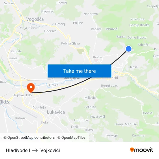 Hladivode I to Vojkovići map