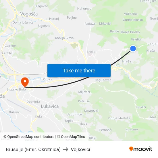 Brusulje (Emir. Okretnica) to Vojkovići map