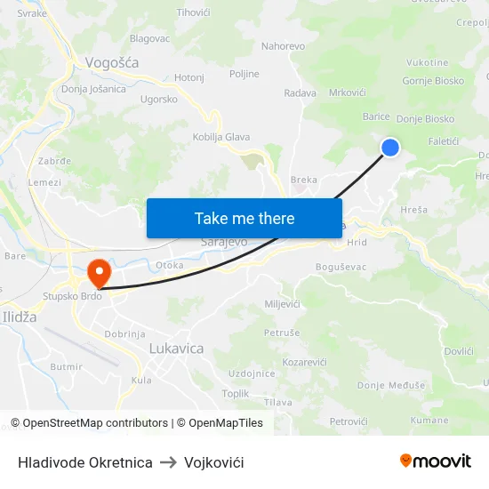 Hladivode Okretnica to Vojkovići map