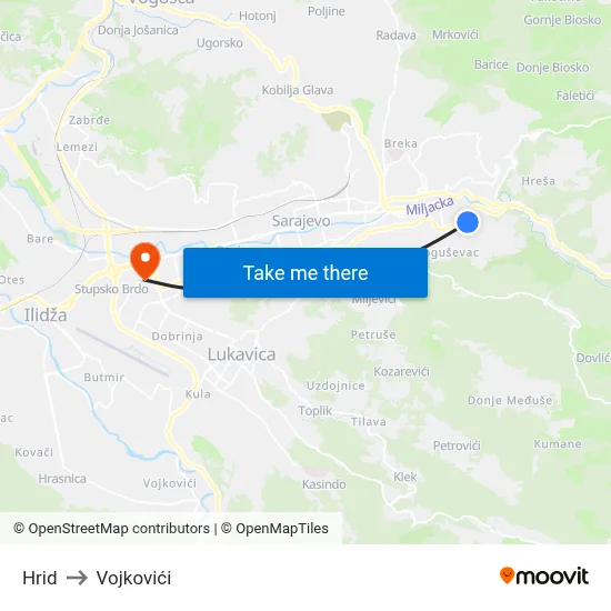 Hrid to Vojkovići map