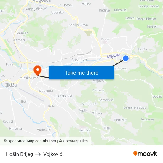 Hošin Brijeg to Vojkovići map