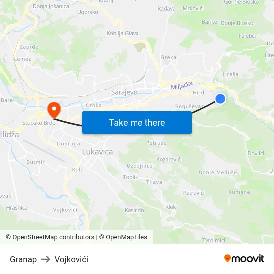Granap to Vojkovići map