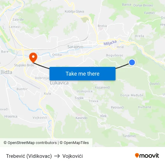 Trebević (Vidikovac) to Vojkovići map