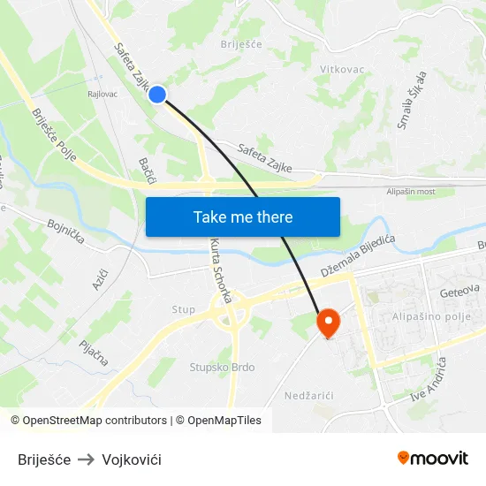 Briješće to Vojkovići map