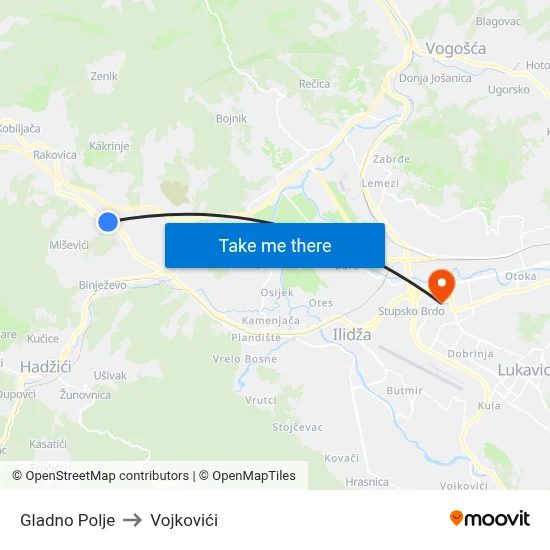 Gladno Polje to Vojkovići map