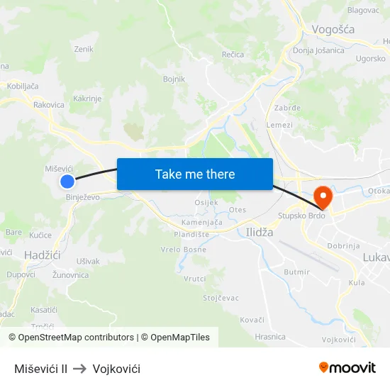 Miševići II to Vojkovići map