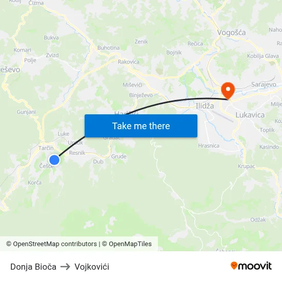 Donja Bioča to Vojkovići map