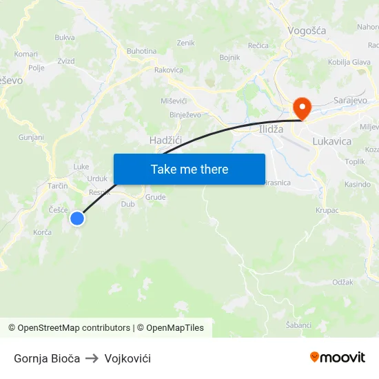 Gornja Bioča to Vojkovići map