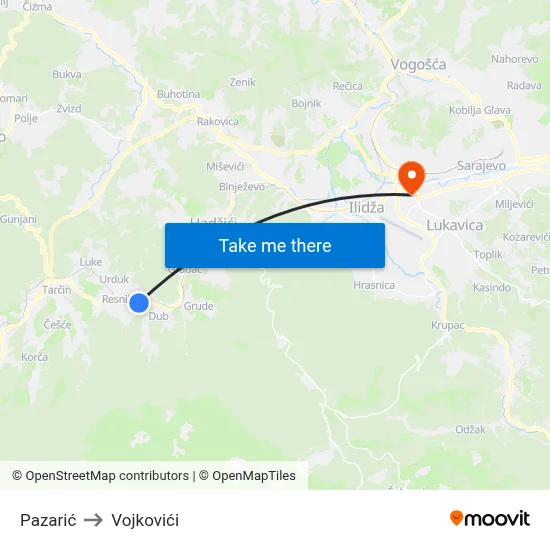 Pazarić to Vojkovići map