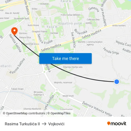 Rasima Turkušića II to Vojkovići map