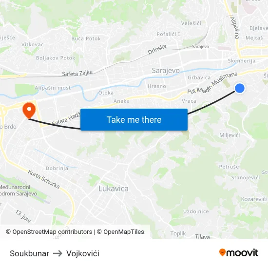 Soukbunar to Vojkovići map