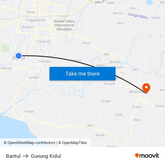 Bantul to Gunung Kidul map