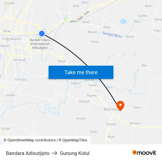 Bandara Adisutjipto to Gunung Kidul map