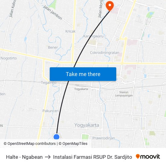 Halte - Ngabean to Instalasi Farmasi RSUP Dr. Sardjito map