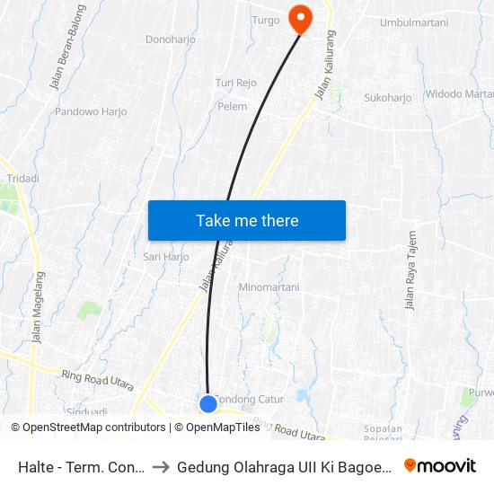 Halte - Term. Condongcatur to Gedung Olahraga UII Ki Bagoes Hadikoesoemo map