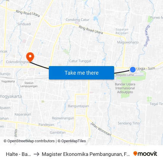 Halte - Bandara Adisutjipto to Magister Ekonomika Pembangunan, Fakultas Ekonomika dan Bisnis, Universitas Gadjah Mada map