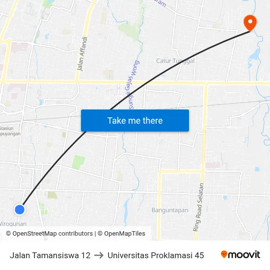 Jalan Tamansiswa 12 to Universitas Proklamasi 45 map