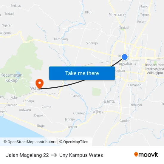 Jalan Magelang 22 to Uny Kampus Wates map