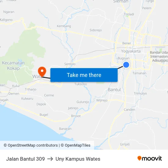 Jalan Bantul 309 to Uny Kampus Wates map