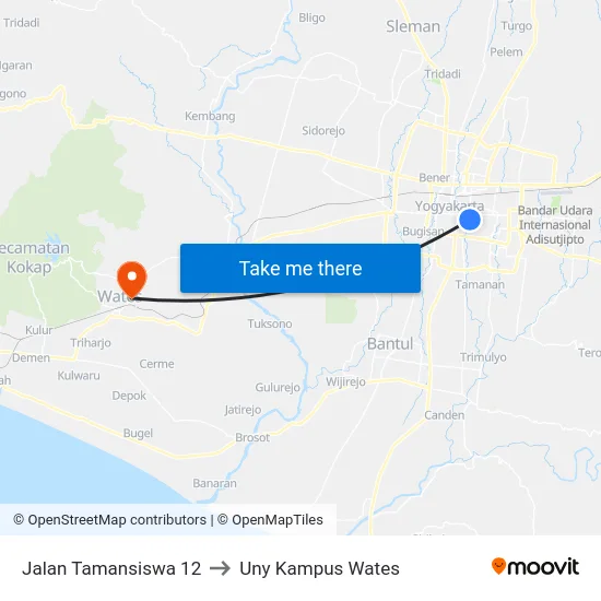 Jalan Tamansiswa 12 to Uny Kampus Wates map