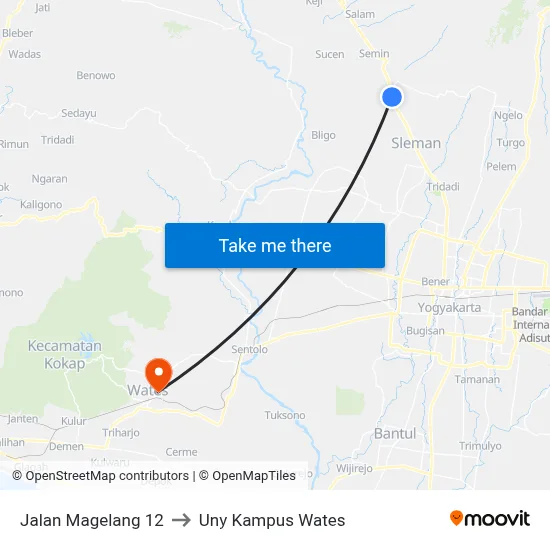 Jalan Magelang 12 to Uny Kampus Wates map