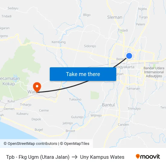 Tpb - Fkg Ugm (Utara Jalan) to Uny Kampus Wates map