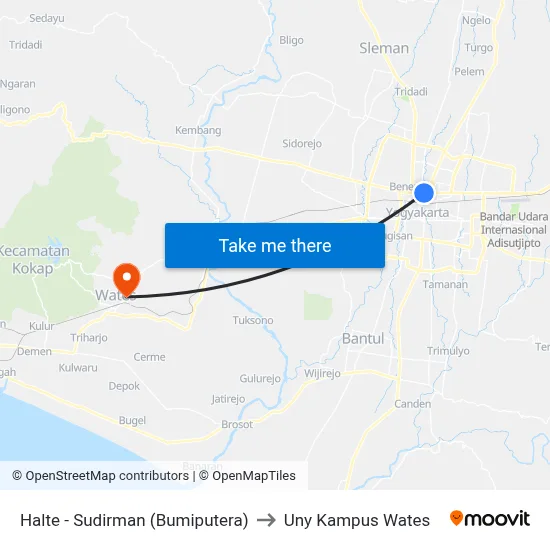 Halte - Sudirman (Bumiputera) to Uny Kampus Wates map