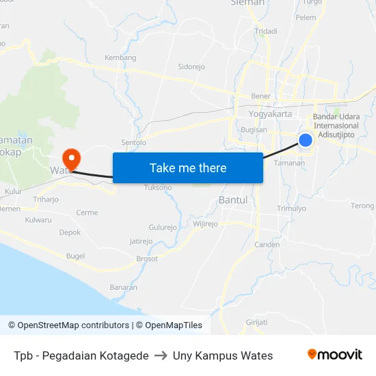 Tpb - Pegadaian Kotagede to Uny Kampus Wates map