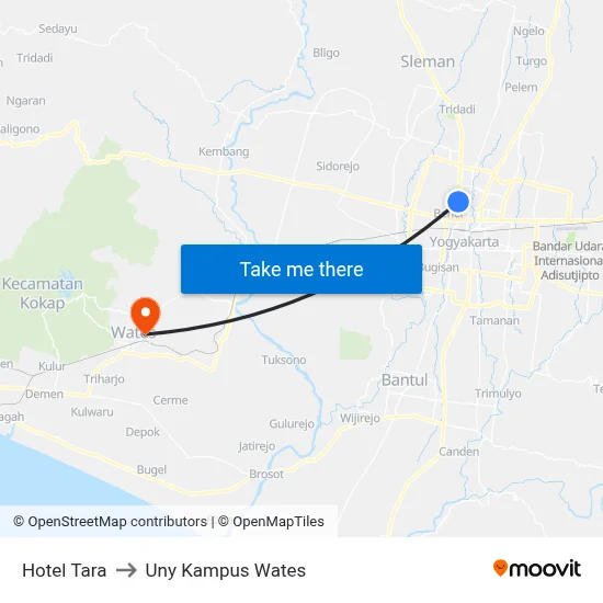 Hotel Tara to Uny Kampus Wates map