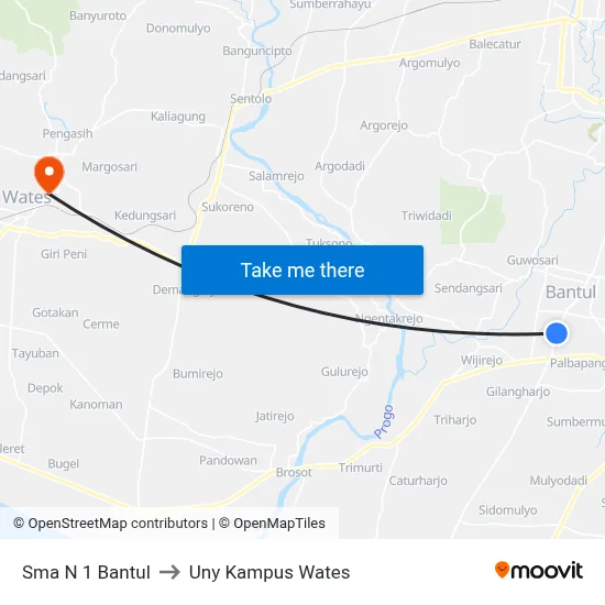 Sma N 1 Bantul to Uny Kampus Wates map