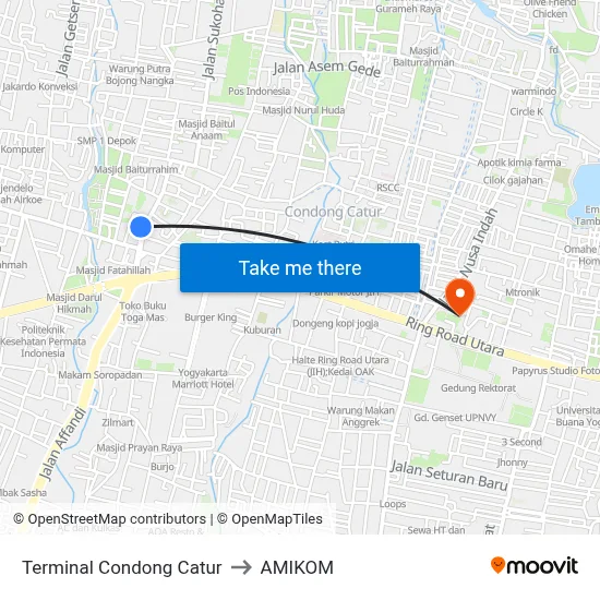 Terminal Condong Catur to AMIKOM map