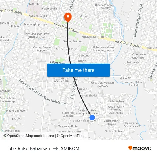 Tpb - Ruko Babarsari to AMIKOM map