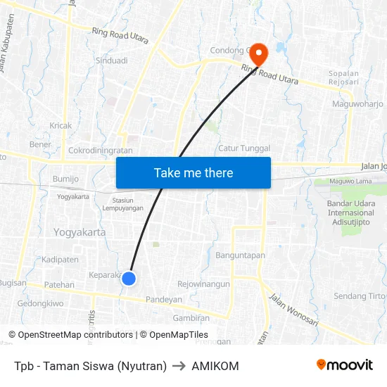 Tpb - Taman Siswa (Nyutran) to AMIKOM map