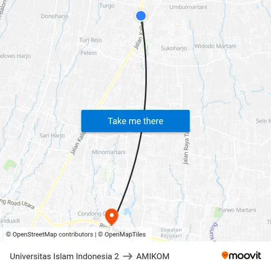 Universitas Islam Indonesia 2 to AMIKOM map
