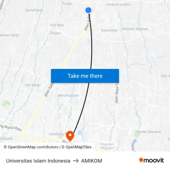 Universitas Islam Indonesia to AMIKOM map