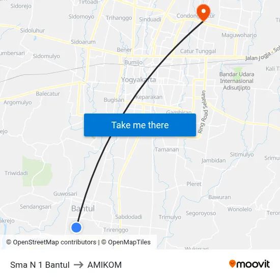 Sma N 1 Bantul to AMIKOM map